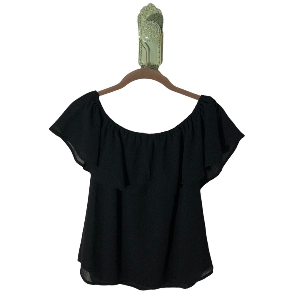 𝅺Dressy Sheer Blouse NWOT Ruffle Flowy Convertible Shoulder Low Neck Black